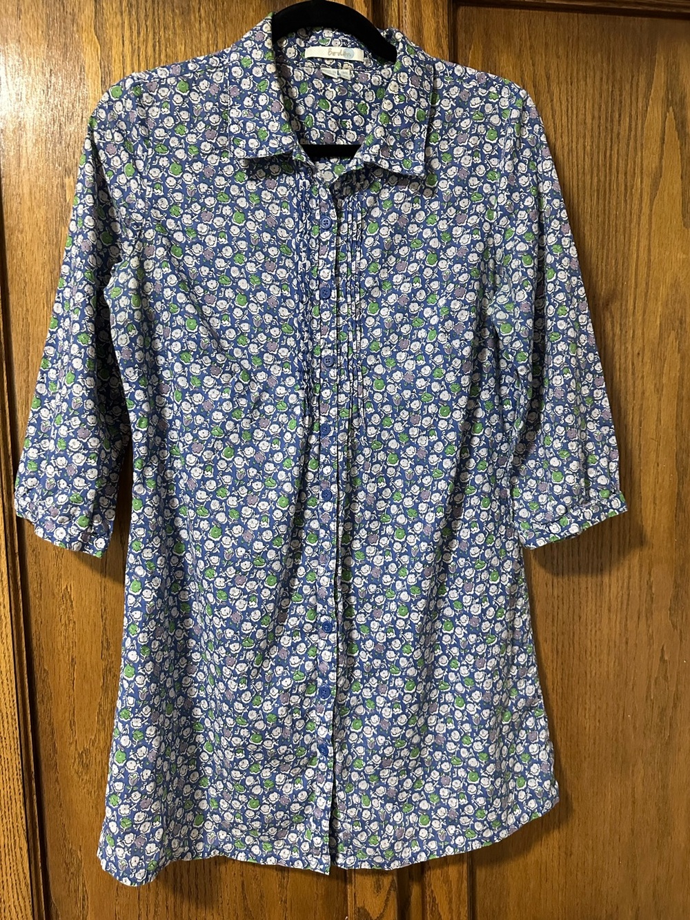 Boden Blue Ditsy Floral Print Mini Button Down Shirt Dress 3/4 Sleeve Tunic Sz 6